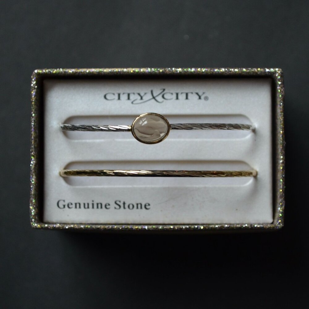 City x City Bangle Bracelet Pair Brown Stone Gold Silver